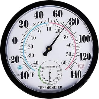 Indoor Outdoor Thermometer Hygrometer, Lirches Outdoor Thermometer Large Numbers, Decorative Outdoor Thermometers for Patio, No Battery Needed Wall Thermometer Round 10" in Diameter