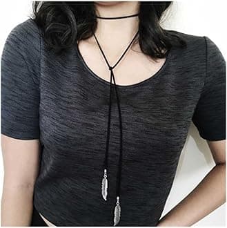 Andelaisi Boho Velvet Necklace Layered Black Suede Cord Choker Necklace Gothic Long Necklaces Chain Tassel Feather Drop Chain Necklace Jewelry for Women