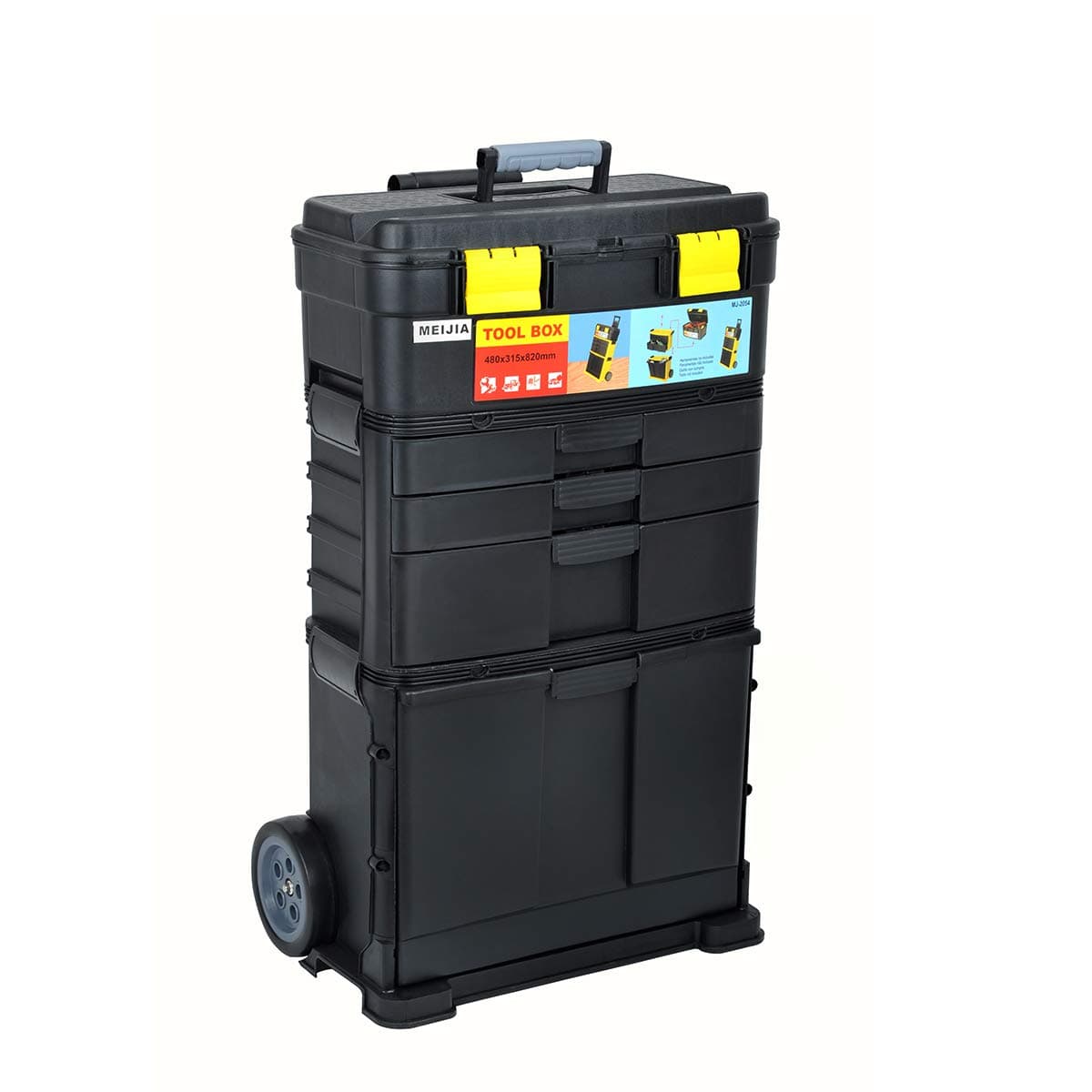 MEIJAIA Heavy Duty Rolling Toolbox With Retractable Handle,3-IN-1 Removable Storage Tray –Chest & Cabinet Storage Box, Garage Toolbox Organizer,Black