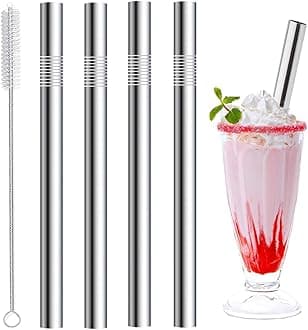 Vinaco Stainless Steel Smoothie & Milkshake Straws 4-Pack | 0.4'' Extra Wide Metal Straws Reusable for Thick Drinks, Shakes, Bubble Tea | Dishwasher Safe & 1 Cleaning Brush | Home & Travel Accessories