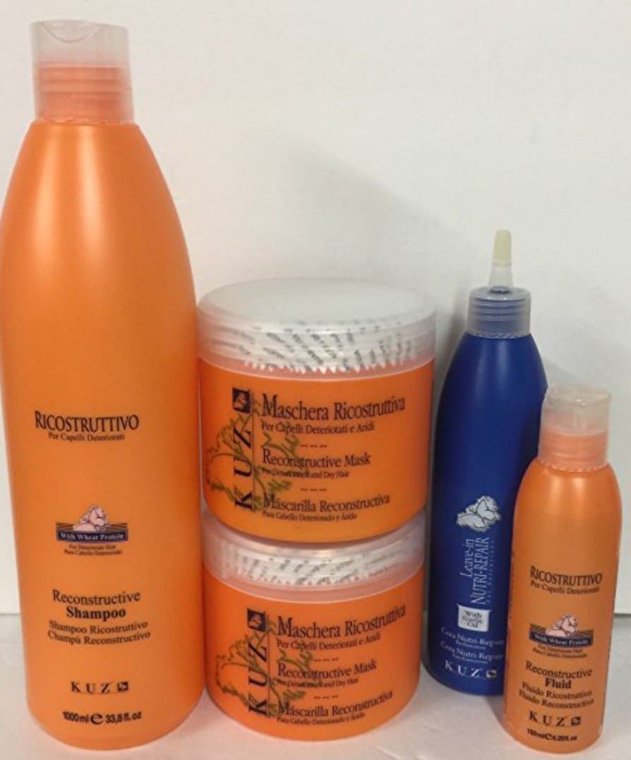 KUZ Reconstructive for Deteriorated and Dry and Damage Hair Bundle: Shampoo 33.8 Oz, Mask 33.8 Oz, Leave-in 10.14 Oz, Fluid Shine 5.28 Oz and Aj Professional Shampoo Brush