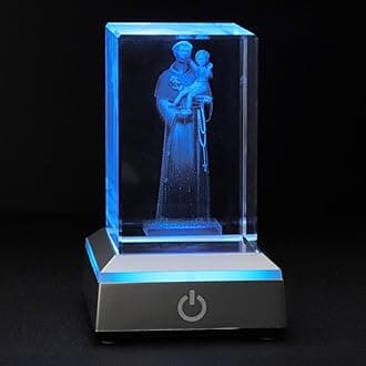 KOMI 3D Crystal Saint Anthony Figurine Statue with LED Light Base, Laser Engraved Jesus Crucifix Statues Religious Gifts for Women Men, Night Light for Bedroom, Christian Gifts