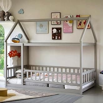 Twin Size Montessori Floor Bed with Roof & Fence for Boys Girls Bedroom,Twin Size Platform Solid Wood Bed Frame w/Safety Guardrails,Easy Assemble,No Box Spring Needed, Gray