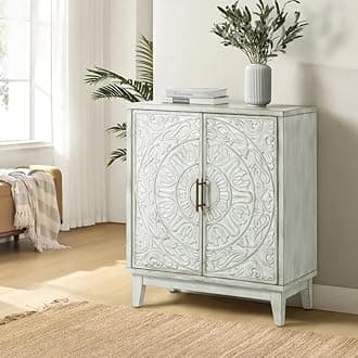 Hand-Carved Wooden Sideboard Cabinet with Floral and Geometric Designs - 30" x 36" x 15" (White)
