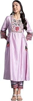 INDO ERAWomen's Embroidered Viscose A-Line Kurta & Pant Set