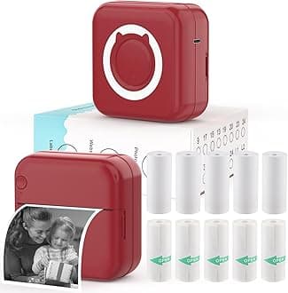 Mini Photo Printer - Portable Pocket Sticker Printers for iPhone Thermal Printer with 10 Rolls Thermal Paper for Photo, Memo, Journal - Dark Red