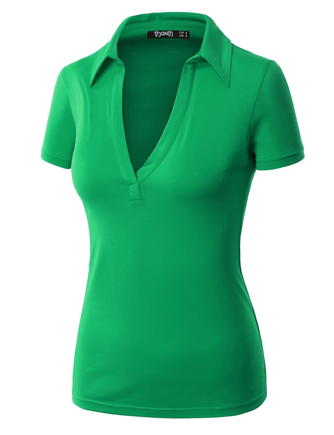 TWINTH Womens Polo Collar Deep V-Neck Pullover Casual Blouse Top with Plus Size Mint XS