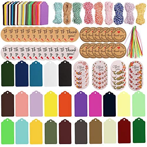 SUBANG 337 Pieces Gift Tags Set Including 250 Pcs 25 Colors Gift Paper Tags, 30 Pcs Ribbons, 9 Pcs Bakers Twine and 48 Pcs Thank You Stickers for Arts and Crafts, Wedding Christmas Day