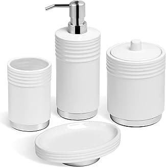 Bathroom Accessories Set 4 Pieces Ceramic Bathroom Accessory with Metal Base Set Contain Soap Dispenser Cotton Swab Jar Toothbrush Cup Soap Dish