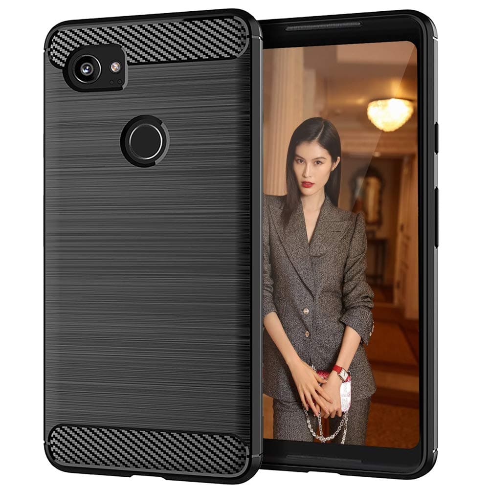 Google Pixel 2 XL Case,Slim Thin [Anti-Fingerprint] TPU Shock Absorption Carbon Fiber Pattern Flexible Soft Skin Silicone Protective Case Cover for Google Pixel 2 XL (Black)