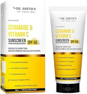 Dr. Sheth’s SPF 50+ PA++++ Sunscreen with Ceramide, Vitamin C & Hyaluronic Acid | Broad Spectrum Sun Protection, Lightweight Texture, No White Cast | Daily Hydration & Moisturizing Sunscreen, 80g