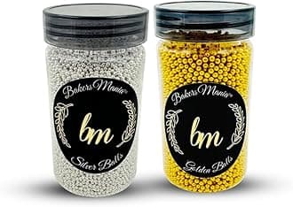 Bakers Mania Sprinkles for Cake (Pack of 2) Silver and Golden Metallic Balls | Cupcake, Dessert, Pastry, Ice Cream, Brownies Decoration | Baking Cake Items (150 gm Each)