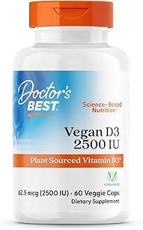 Doctors Best Vegan Vitamin D3 2500 IU Veg Caps - Vegan Vitamin D Supplement for Men & Women, Helps Support Calcium Absorption, Heart Health & Immune Support, 62.5 mcg per Serving - 60 Veggie Capsules