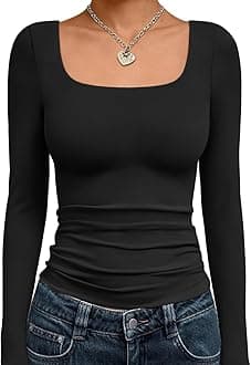Trendy Queen Womens Square Neck Long Sleeve Shirts Double Lined Slim Fit Tops Y2K Going Out Basic Tees