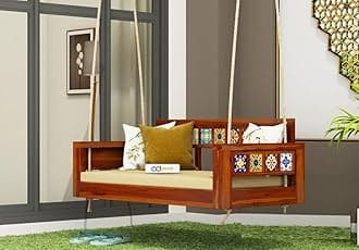 Solid Wood 2 Seater Rope Swing Chair | Wooden Hammock Swing Sofa with Rope & Complete Accessories for Indoor, Outdoor, Balcony & Garden | House Big Hanging Swings Jhula | Tiles, Honey