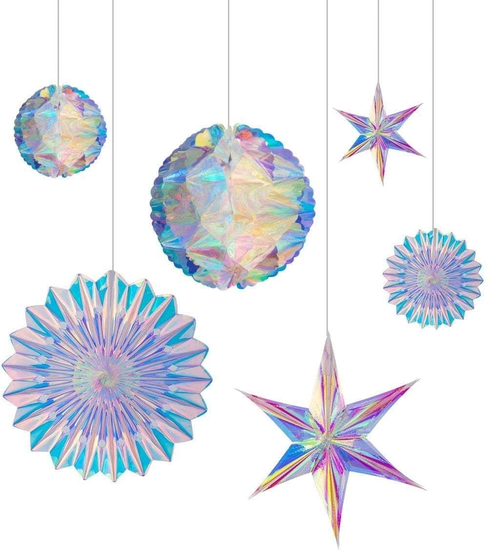 BTSD-home Iridescent Party Decorations, Hanging Honeycomb Balls, Paper Fans & 3D Star Ornaments, Holographic Ceiling Decor for Birthday, Wedding, Baby Shower, Christmas, Disco & Euphoria Theme Parties