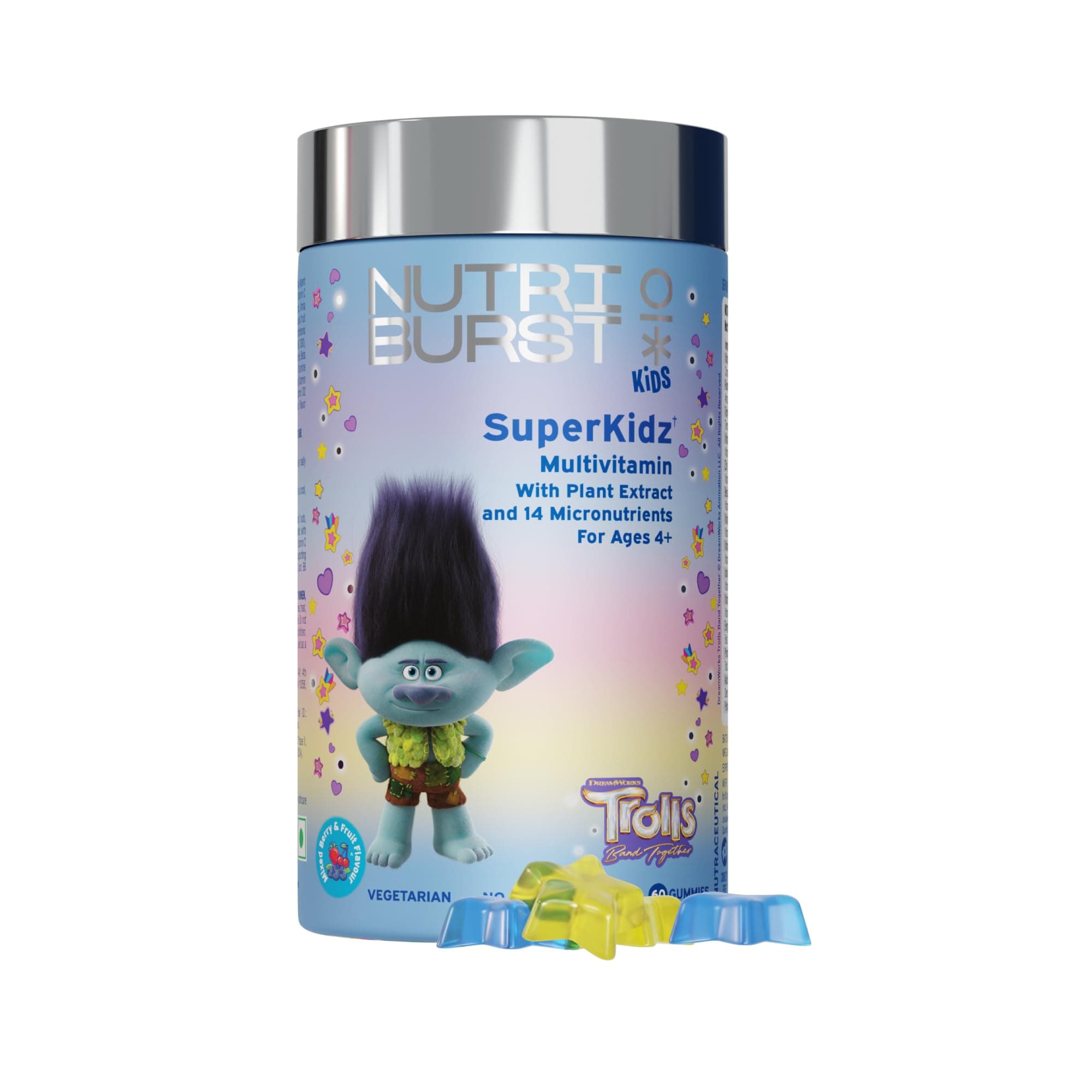 Super Kidz Trolls Gummies - 14 Essential Vit & Mins for Growth & Immune Support - Sugar-Free, Gluten-Free, Mixed Fruit Flavor, Chewable, Vegan - For Kids Aged 4+, 60 Gummy