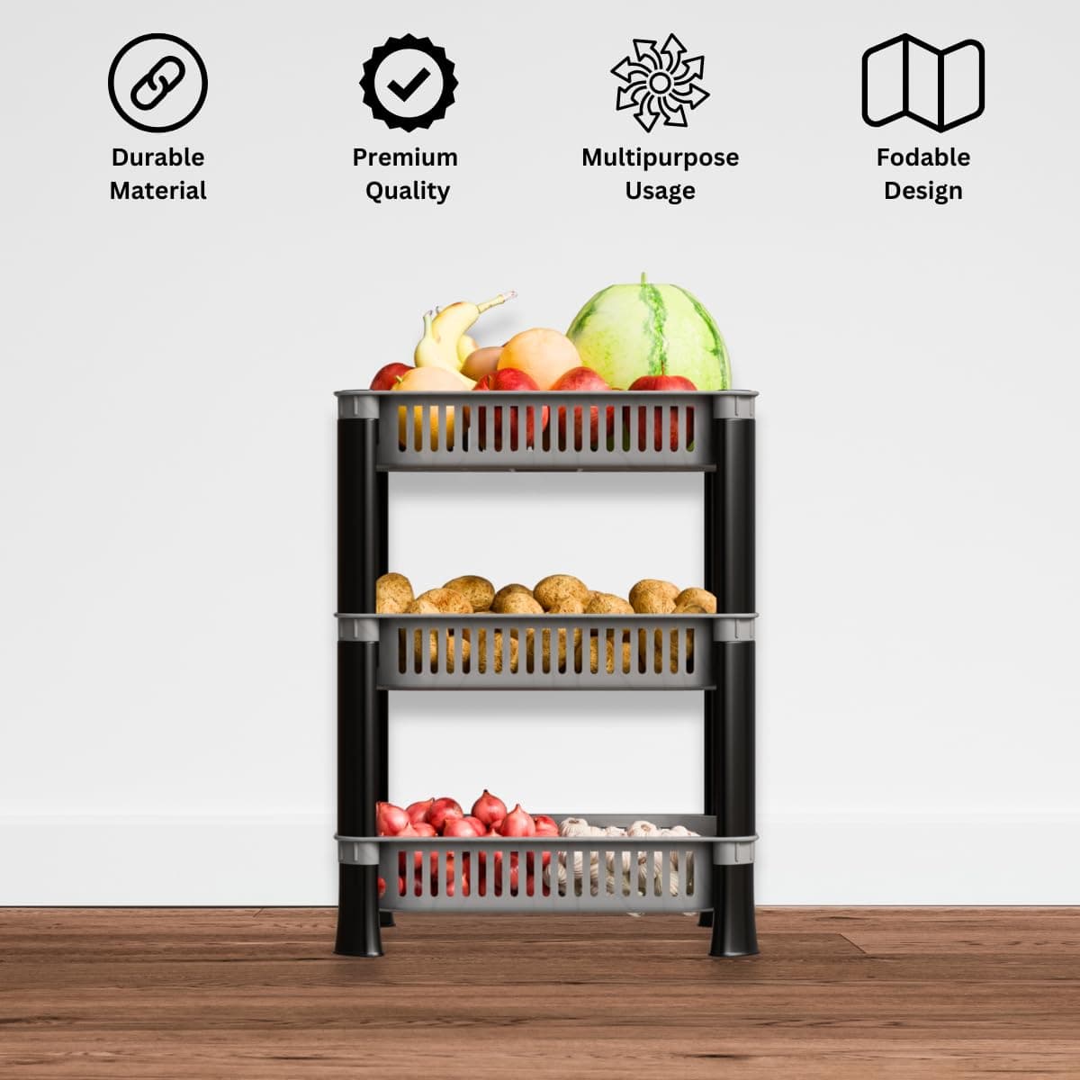 Multipurpose Plastic Storage Rack for Kitchen, Onion Potato Sabji, Fruit Corner Stand Basket, Folding Countertop Organizer Cart, Trolley (3 Layer, Silver)
