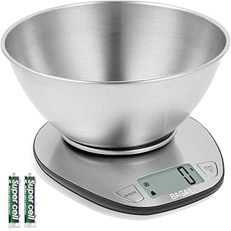 BAGAIL BASICS Digital Kitchen Scale, Large Clear Display, Wet and Dry Food Scale with Stainless Steel Mixing Bowl - 11 lb