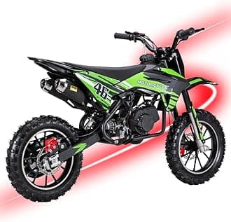 49cc Kids Dirt Bike, 2-Stroke Gas Powered Mini Dirt Bike for Kids Ages 8+, Dual Exhaust Sport Upgrade, Dual Disc Brakes & Suspension, Safe Chain Guard, 10" Off-Road Tires, 25mph, (Green)