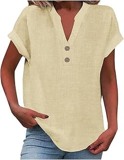 Tunic Tops for Women Loose Fit Dressy Casual Buttons Vneck Blouses Trendy Summer Cotton Linen Shirt Holiday Outfits