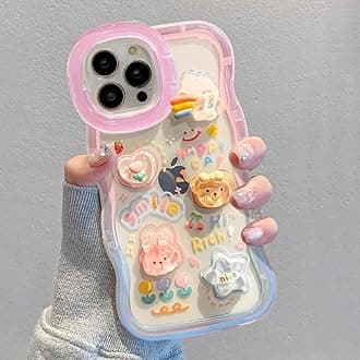 COVERLY 3D Cute Creative Bear Flower Cartoon Rabbit Star Floral Decor Wave Curly Edge Invisible Double Phone Stand Holder Hard Happy Smile Cover Girly Charm Case for Apple iPhone 14 (Pastel Pink)