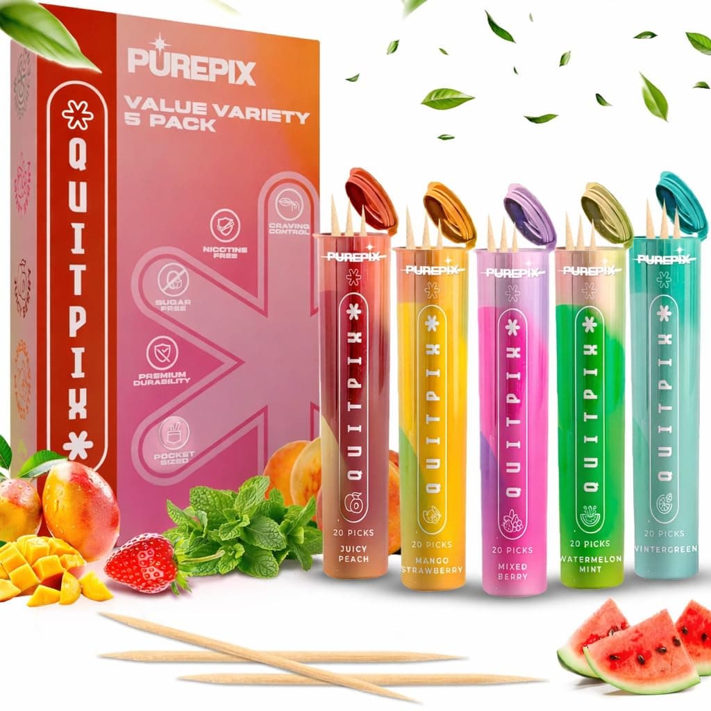QuitPix Flavored Toothpicks for Oral Fixation (5 Flavor Variety, 100ct) Extra Thick Infused Toothpicks with NAC & L-Theanine - Nic-Free Alternative to Help Quit Smoking - Kosher, Vegan, Made in USA
