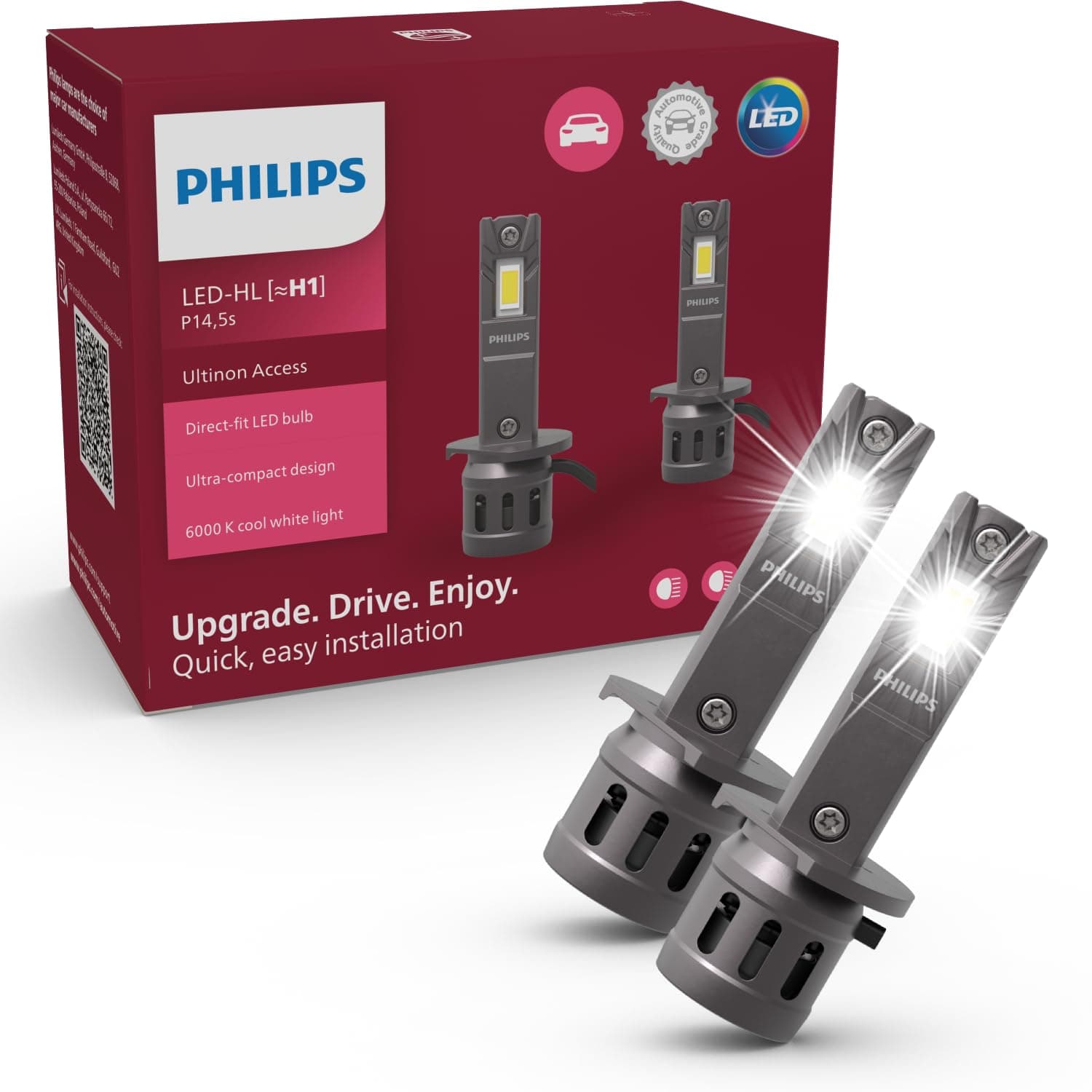 Philips automotive lighting Ultinon Access LED car headlight bulb (H1), ultra-compact direct-fit, 80%, 6.000K, set of 2