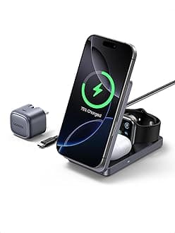 UGREEN MagFlow Qi2 15W Wireless Charger, 3 in 1 Fast Charging Qi2 Certified Charger Stand, Foldable Magsafe Compatible with iPhone 16/15/14/13/12, AirPods 4/3/2, Apple watch with 1M Cable