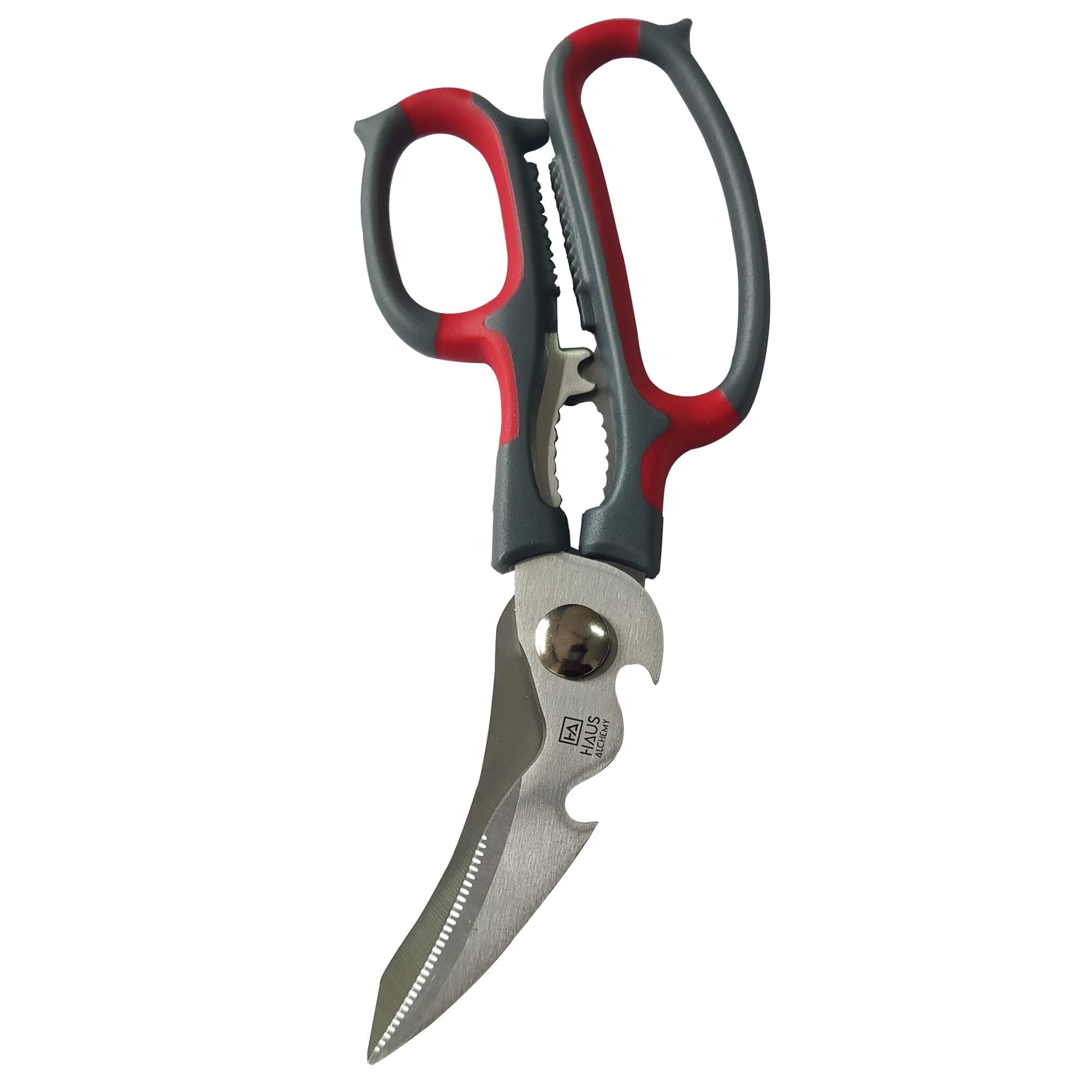 Haus Alchemy Heavy-Duty Kitchen Scissors 5-in-1 Multipurpose Shears for Chicken, Fish, Meat, Vegetables, Bones, Flowers, Nuts, Herbs, and BBQ - Sharp 2CR14 Stainless Steel Blades - Big Size (Grey-Red)