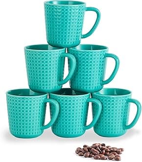 Ceramic Coffee Mugs 15 oz, Large Waffle Embossed Mug Set with Handle, Unique Coffee Cups for Latte, Cappuccino, Cocoa, Hot Tea, Mocha, Milk, Housewarming Wedding Present - Set of 6 (Turquoise)