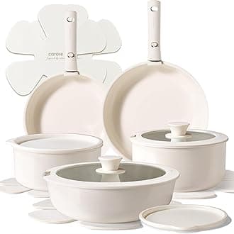 CAROTE 15pcs Ceramic Cookware Set, Non Stick Pots and Pans With Detachable Handle, Induction Compatible, Dishwasher/Oven Safe, Cream White
