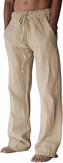 PIDOGYM Mens Cotton Linen Pants, Summer Beach Pants Casual Loose Fit with Elastic Waist Drawstring