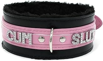paloli Women Pink Leather Choker Necklace, Punk Gothic Black Fluffy Name Letters Collar Leash Neck Jewelry (SLU, BKPK Fluff)