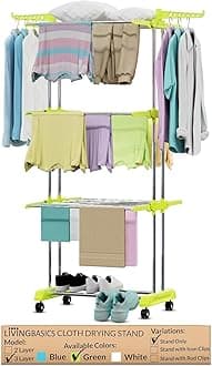 3 Tier Premium Heavy Duty Stainless Steel Foldable Cloth Drying Stand/Clothes Stand for Drying/Cloth Stand/Clothes Dryer/Laundry Racks for Drying - Indoor/Balcony (Lime Green)