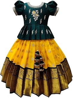 Lehenga Choli Jecquard Traditional South Indian Girls Pattu Pavadai, Green, 5-6 Years, Green, 5-6 Years