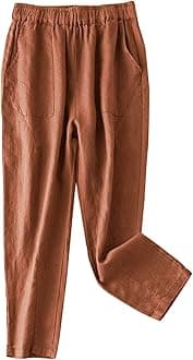 IXIMO Women's 100% Linen Capris Elastic Waist Tapered Cropped Pants with Pockets