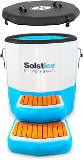 SOLSTICE Original Inflatable Cold Plunge Ice Bath Tub | Standing Recovery Barrel Pod W/Steps & Lid | Water Chillers & Ozone Filters Compatible Outdoor Indoor | Inlet Outlet for Accessories 100 Gallon