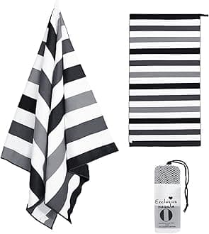 Exclusivo MezclaOversized Microfiber Quick Dry Beach Towel, Lightweight Sand-Free Cabana Stripe Pool Travel Camping Towel with Bag (Black, 35"X70")