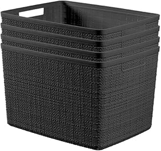 Curver Set of 4 Jute Large Decorative Plastic Organization and Storage Baskets Perfect Bins for Home Office, Closet Shelves, Kitchen Pantry and All Bedroom Essentials, Black