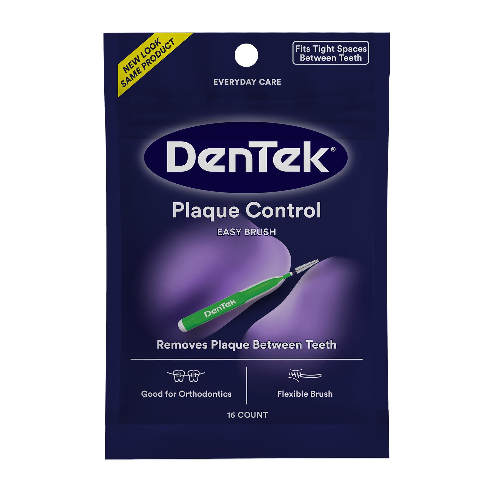 Dentek Plaque Control Interdental Brushes - Tight, 16 Count - Easy-Brush Interdental Plaque Remover with Fluoride - Cleans Tight Spaces Around Teeth, Braces & Other Dental Appliances