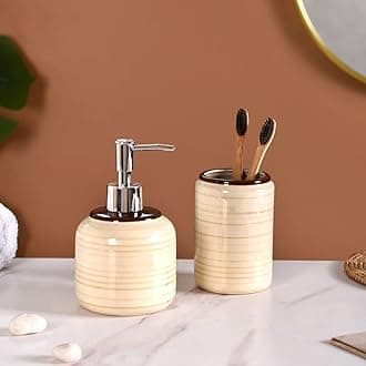 Nestasia Ceramic Bath Set of 2 - Liquid Soap Dispenser & Toothbrush Holder for Bathroom & Wash Basin - Beige & Brown Glossy Bathroom Accessories