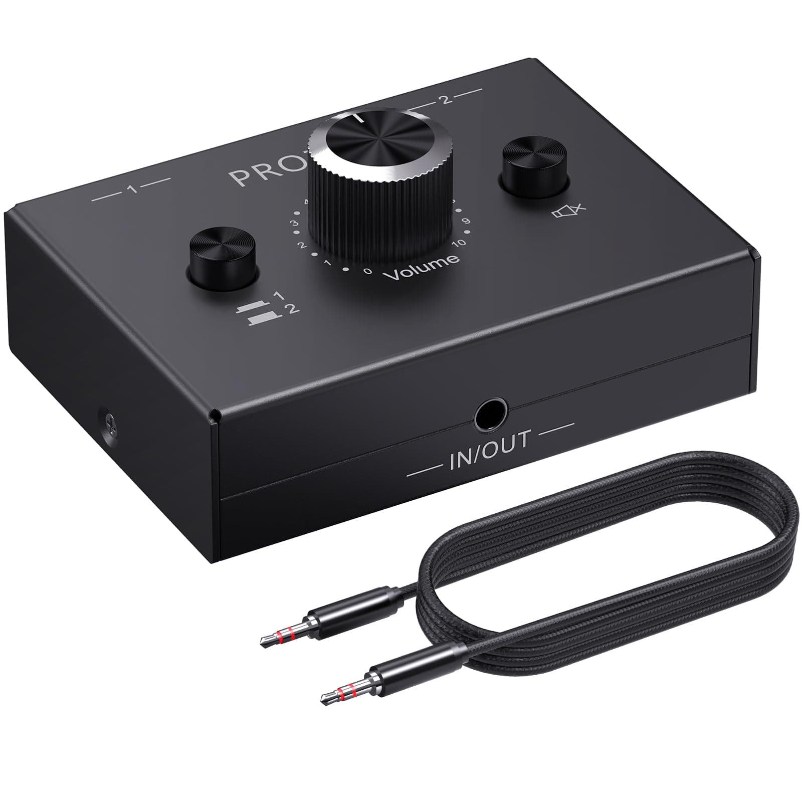3.5mm Audio Switch - 2(1)-in-1(2)-Out Bi-directional 3.5mm Stereo Audio Switch with Volume Knob L/R Audio Selector Supports One-Key Mute 2 Ports Audio Switcher Box for Laptop Speakers Headphone