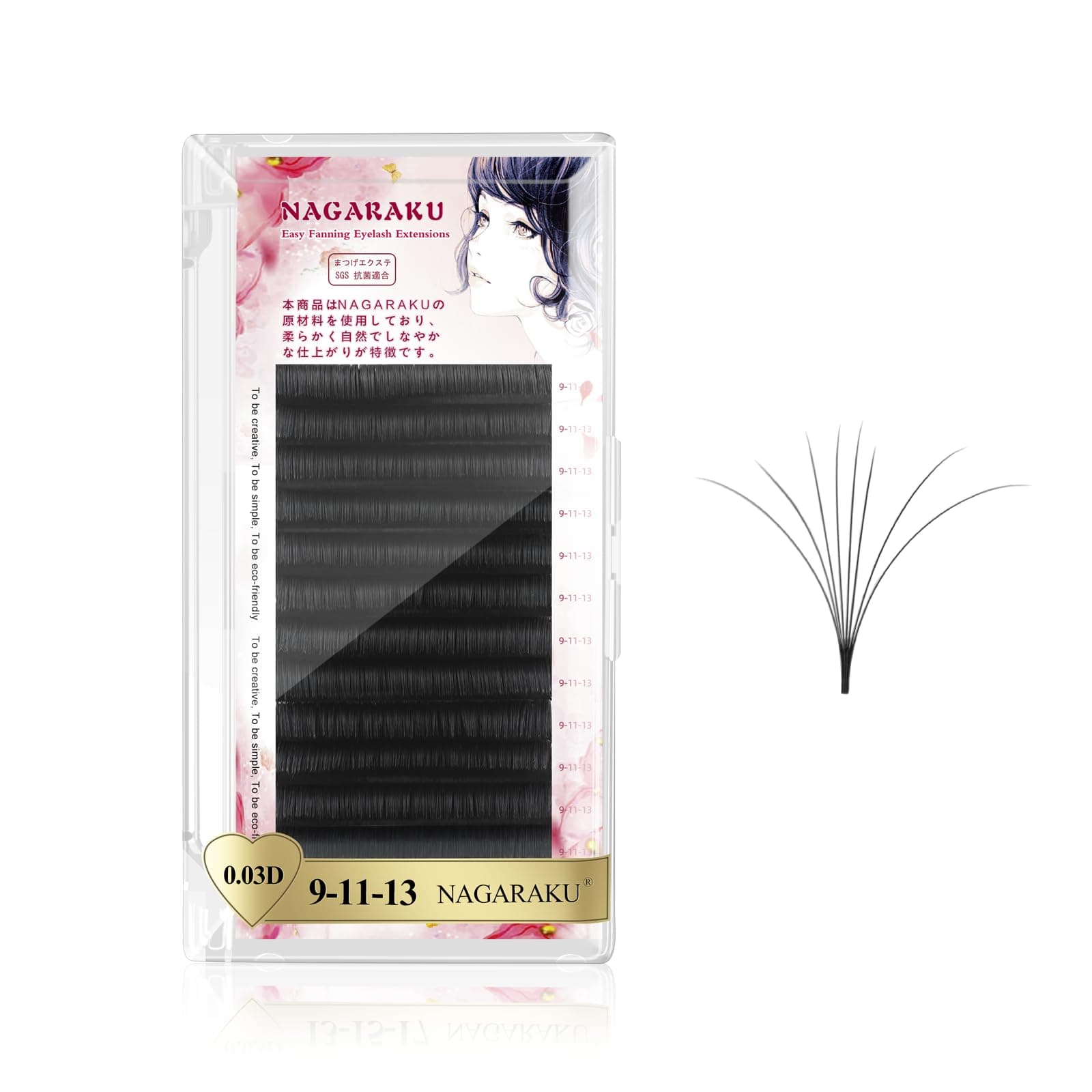 NAGARAKU Easy Fan Mega Volume Eyelash Extensions 0.03 D curl 9-11-13mm Mix Self Blooming Rapid Automatic Flower 3 Layers Soft Pre-glued Lashes