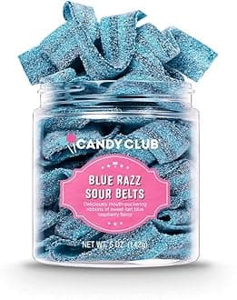 Candy Club Gourmet Gummy Blue Razz Sour Belts, Vegan, Sweet and Chewy Fruit Strips for Gifts, Parties, Snacks, Candy Buffets, etc. - 5oz Jar
