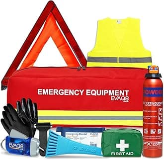 – EVAQ8 Advanced Car Safety Kit with Extinguisher and Torch UK Standard Parts Includes Warning Triangle, First aid kit, Emergency Blanket, Safety Hammer, Torch, high Visibility Vest, Carry Bag