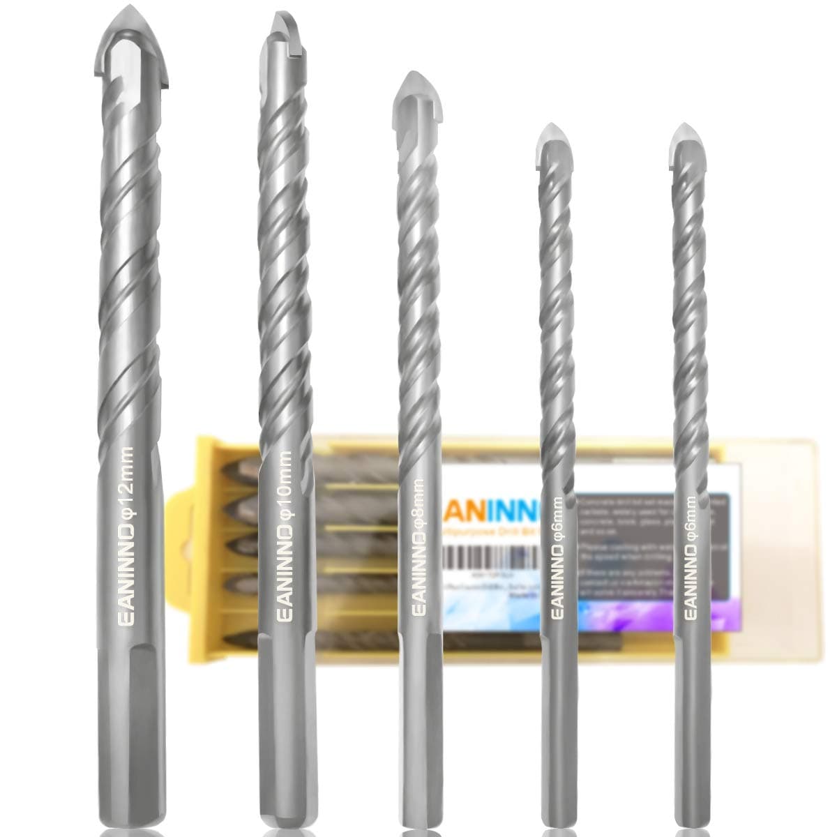 5 Piece Concrete Drill Bit Set, German Material Carbide Masonry Drill Bits for Concrete/Ceramic Tile/Brick/Wall/Plastic/Wood/Glass, Twist Tip Bit Tool by Eaninno (6 6 8 10 12mm)