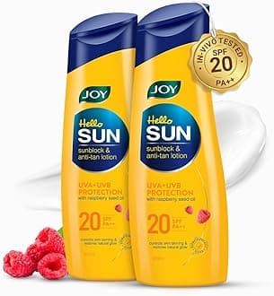 Joy Hello Sun Body Sunscreen Lotion SPF 20 PA++ (300ml x 2) INVIVO Tested, For Tan Control & Body Moisturization | Lightweight, Zero White Cast & Easy Absorption | For Normal to Oily Skin |