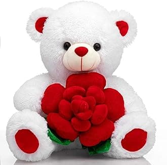 BEJOY Teddy Bear Stuffed Animals Plush Bear Holding Rose Soft Plush Toy Valentine's Day, 16 Inch, White