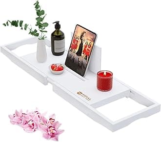 ROYAL CRAFT WOOD Bathroom Trays and Organizers - Adjustable Bamboo Bath Tub Table for 1 or 2 Person, Bathtub Caddy Tray with Extending Sides Bathtub Accessories (White)